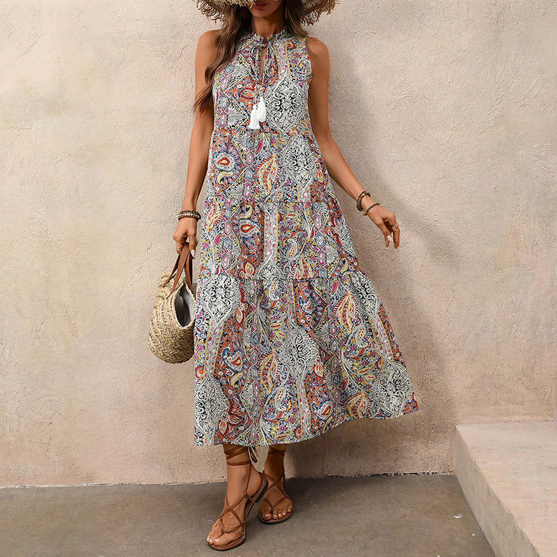 Womens Casual Retro Tassel Sleeveless Dress