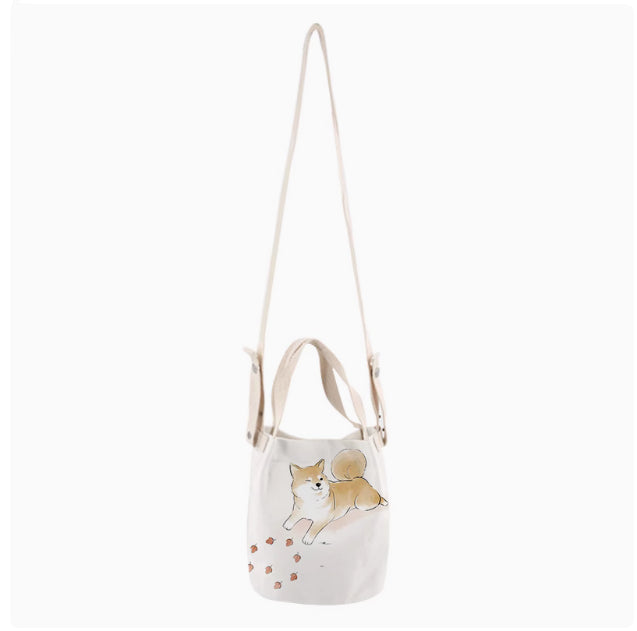 Japanese Ink Painting Cute Shiba Inu Canvas Small Bucket Bag