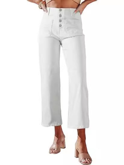 Retro Løse Lige Bukser Med Én Række Ornamenter, Høj Talje, Vide Ben, Jeans Til Kvinder