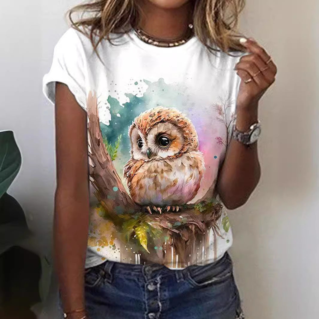 Cute Owl Pattern 3D Printed Round Neck Short Sleeve