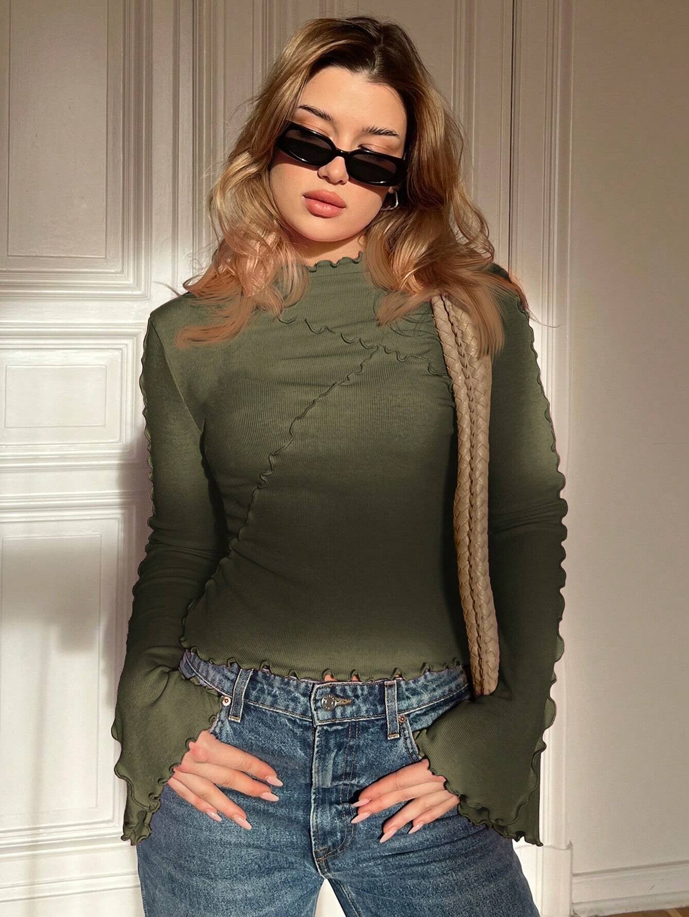 Asymmetric Turtleneck Flared Sleeves Long Sleeves