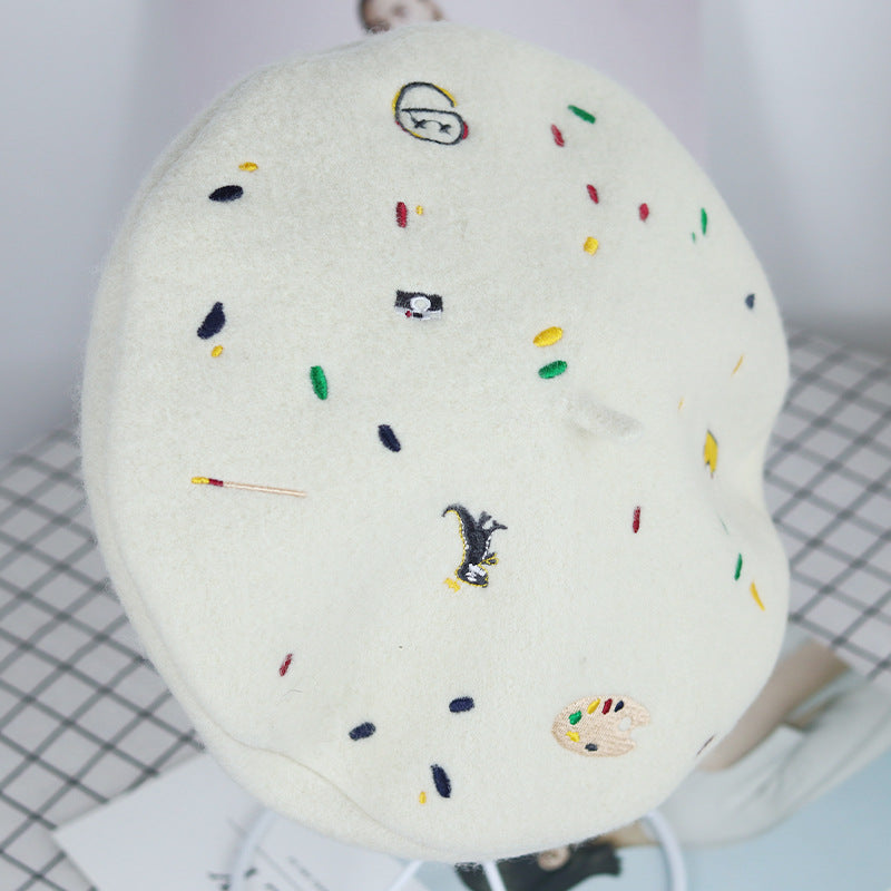 Stitched Ins Style Wool Knit Beret Women's Embroidered Hat