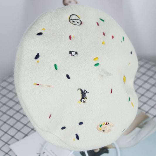 Stitched Ins Style Wool Knit Beret Women's Embroidered Hat
