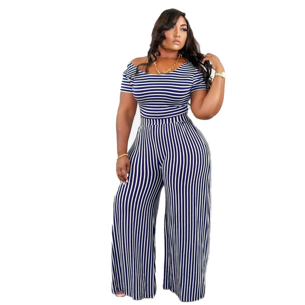 Womens Striped Printed Wide-Neck Short-Sleeve Fashionable Loose Casual Set