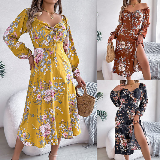 Womens Sexy Lace-Up Knot-Details Floral Long-Sleeve Slit Dress