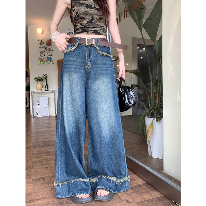 Retro råkantede jeans til damer, løse, højtaljede bukser med vide ben