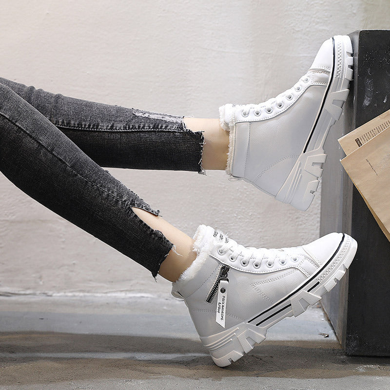 High-top Leather Martin Short Boots Plus Velvet White Cotton