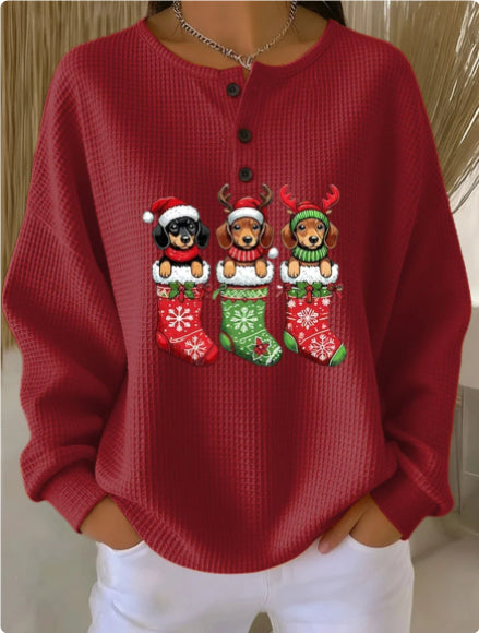Womens Retro Printed Three-Button Stand-Up Collar Sweatshirt Top