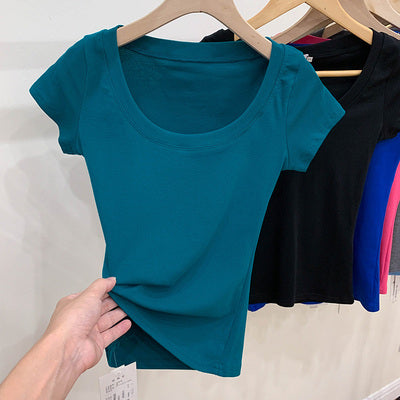 Cotton T-shirt Women's Short Sleeve Low Collar Collarbone