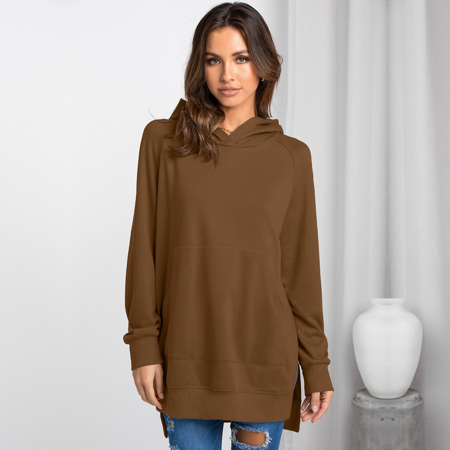 Women's Fashion Hooded Pullover Solid Color Sweatshirt Top