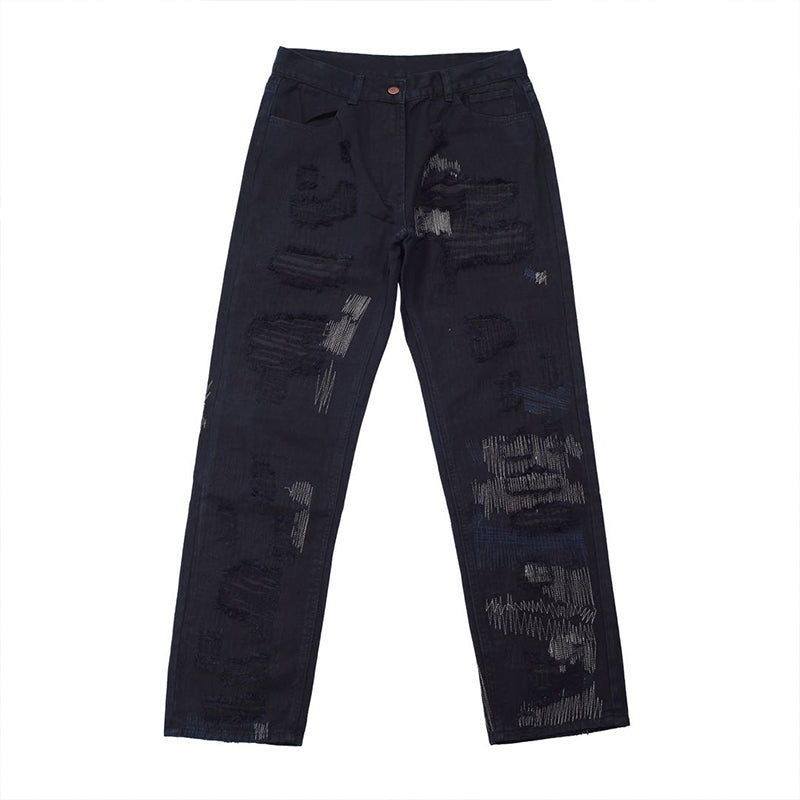 Women's Ripped Personality Knife Cut Loose Straight Jeans