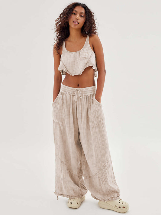 Loose Wide Leg Pants Women Drawstring Leggings Trousers