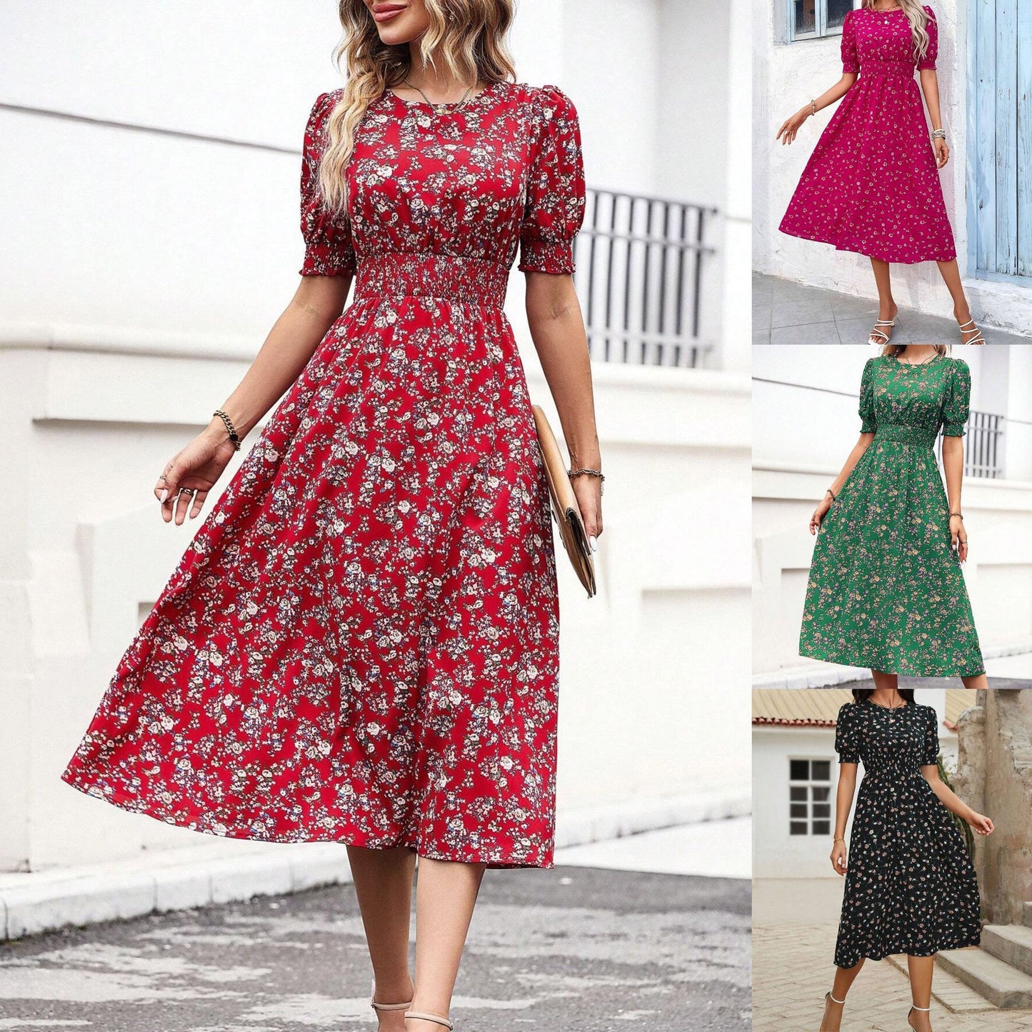 Round Floral Pattern High Waist Slim Long Dress