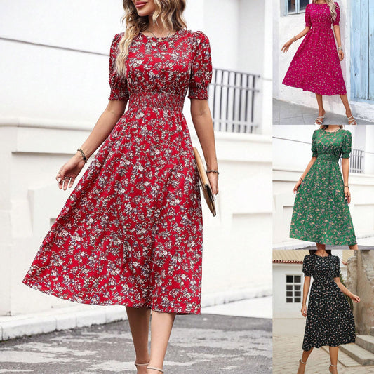 Round Floral Pattern High Waist Slim Long Dress