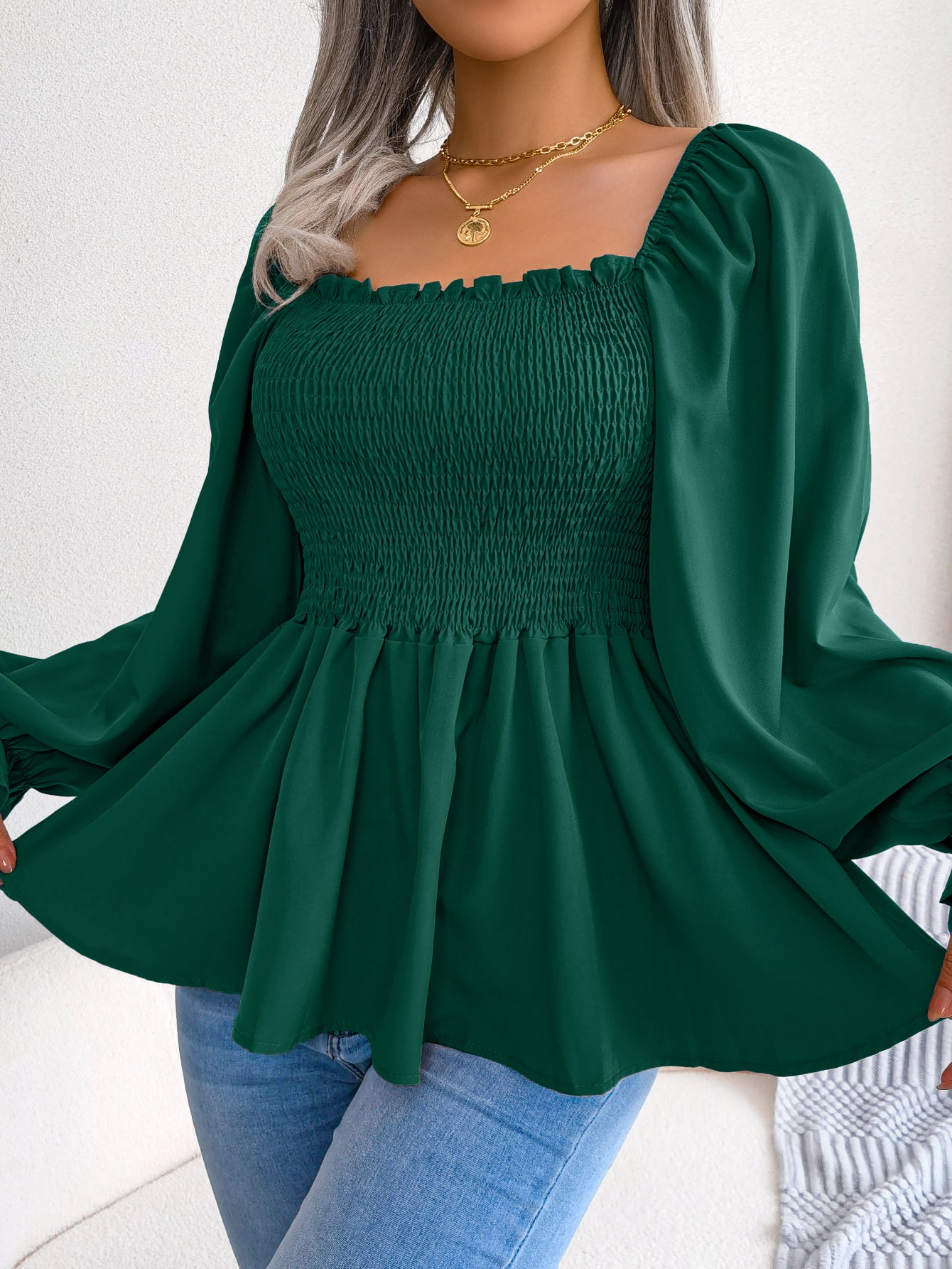 Women's Casual Ruffle Trim Square Neck Long Sleeve Chiffon Top