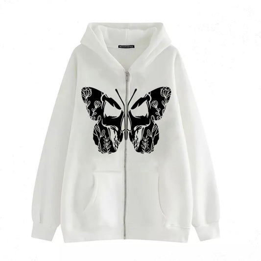 Casual Cardigan Dark Butterfly Print Zip Sweatshirt