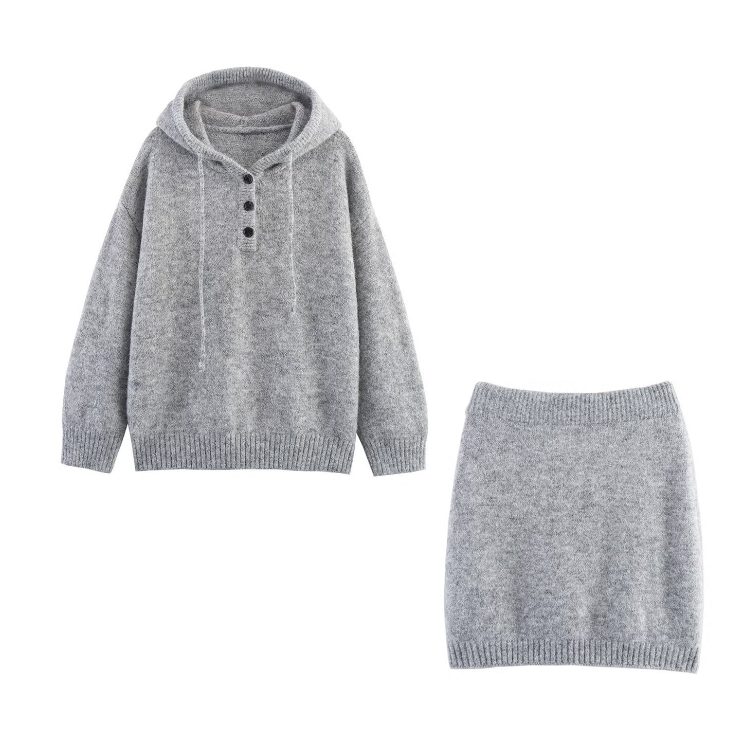 Autumn New Hooded Knitted Sweater Long Sleeve Pullover Short Mid-length Dress Set