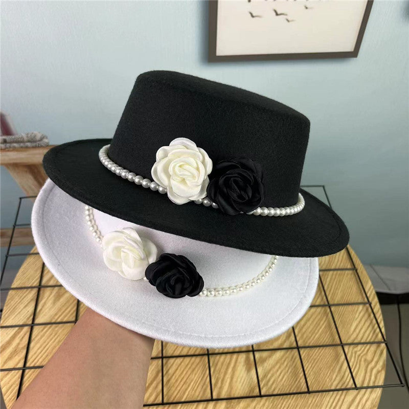 Vintage Hattedame Perlekæde Blomster Uld Flad Hat