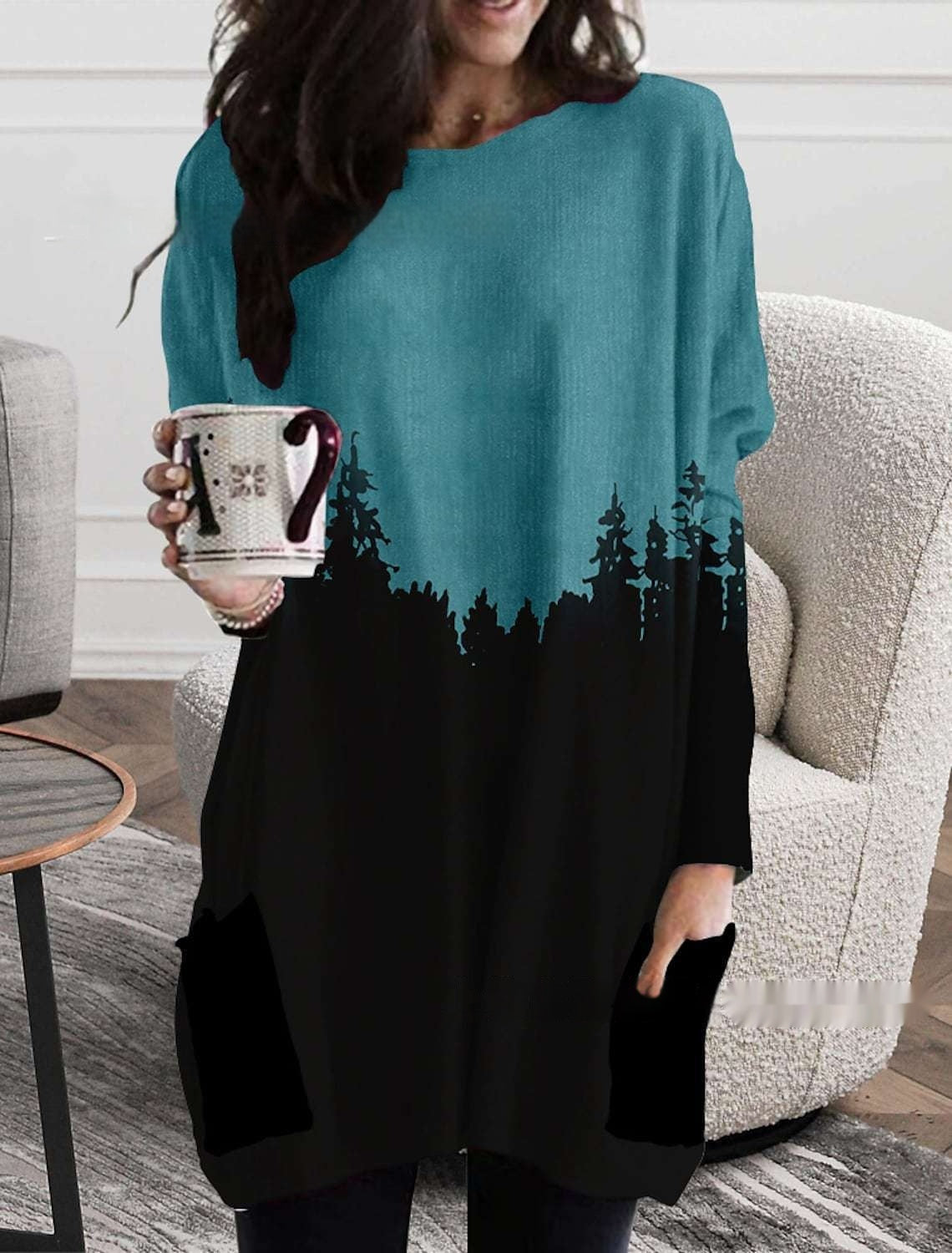 Women's Round Neck Mid-length Long-sleeved T-shirt With Pockets