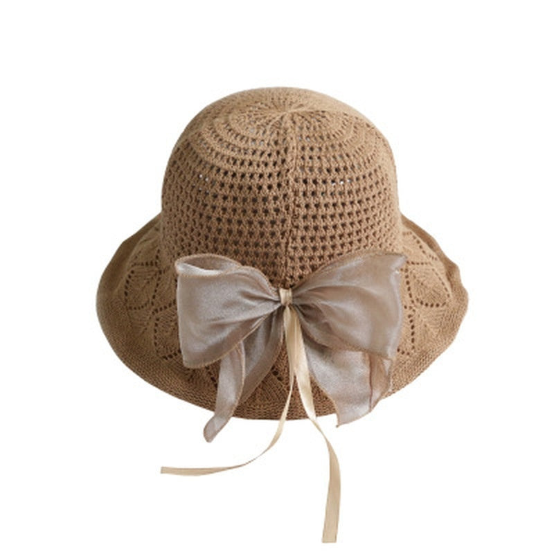 Women's Satin Bow Cotton Linen Sun Hat Foldable