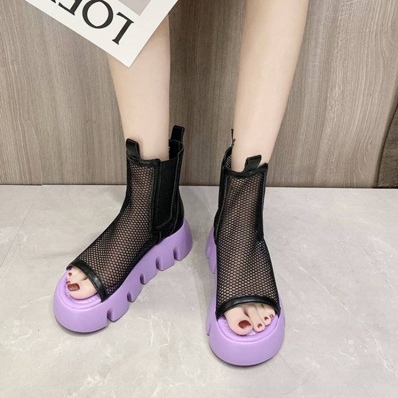 Soft Leather Mesh Hollow Platform Platform Wedge Martin Boots