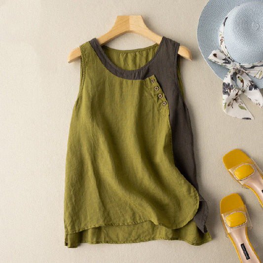 Hemp Color Matching Vest Button Decoration Color Contrast Art Retro
