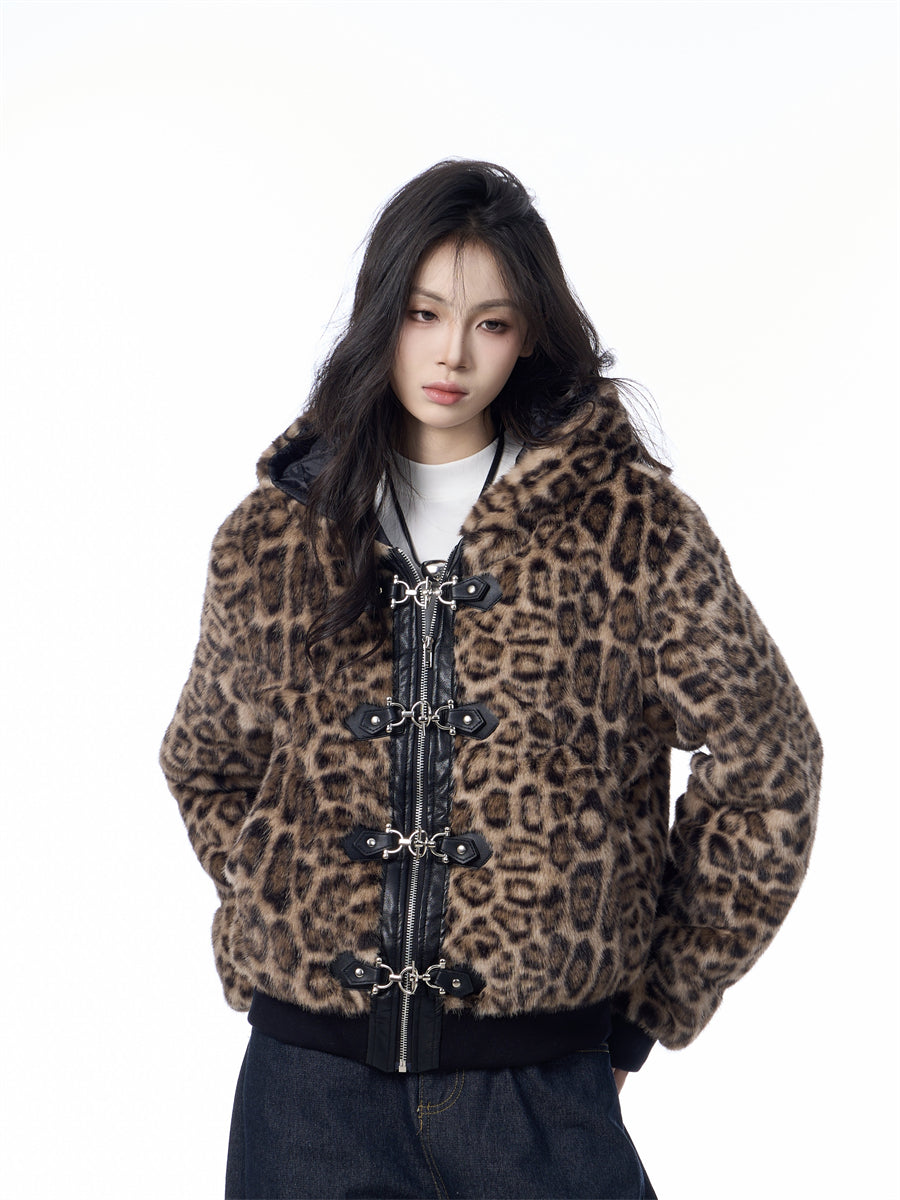 Hættetrøje Dame Løs Tyk Leopardprint Fuldprint Design Gadejakke