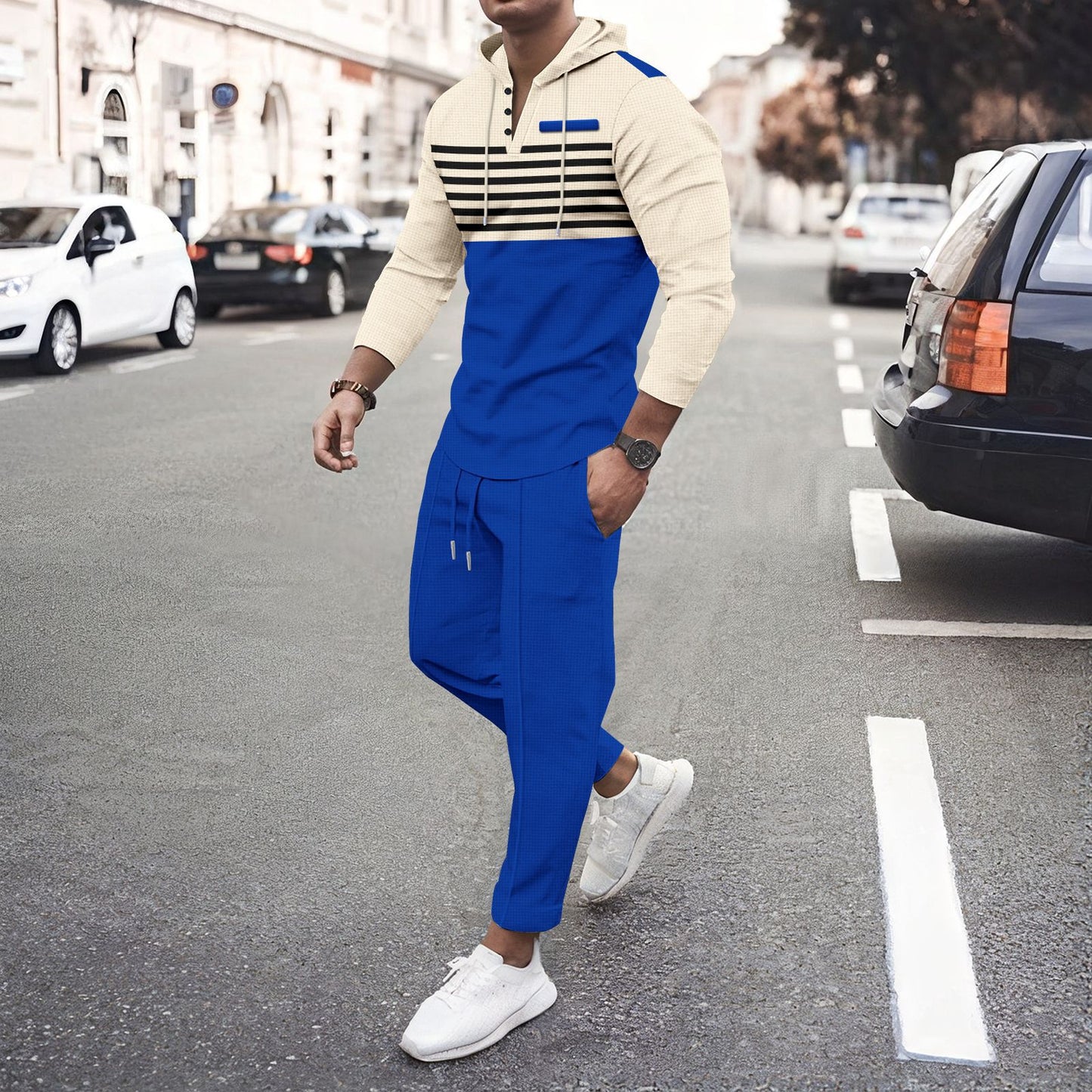 European And American Striped Long-sleeve Hoodie And Pants Set