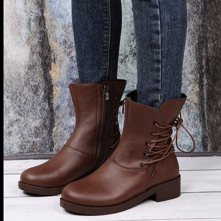 Fashion New Round Head Belt Buckle Thick Heel Martin Boots Women