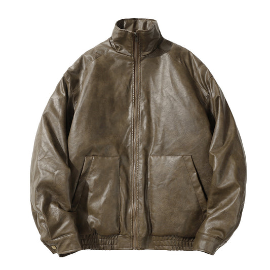 PU Leather Cotton Padded Coat Men's Rock Windproof Winter Stand Collar Loose