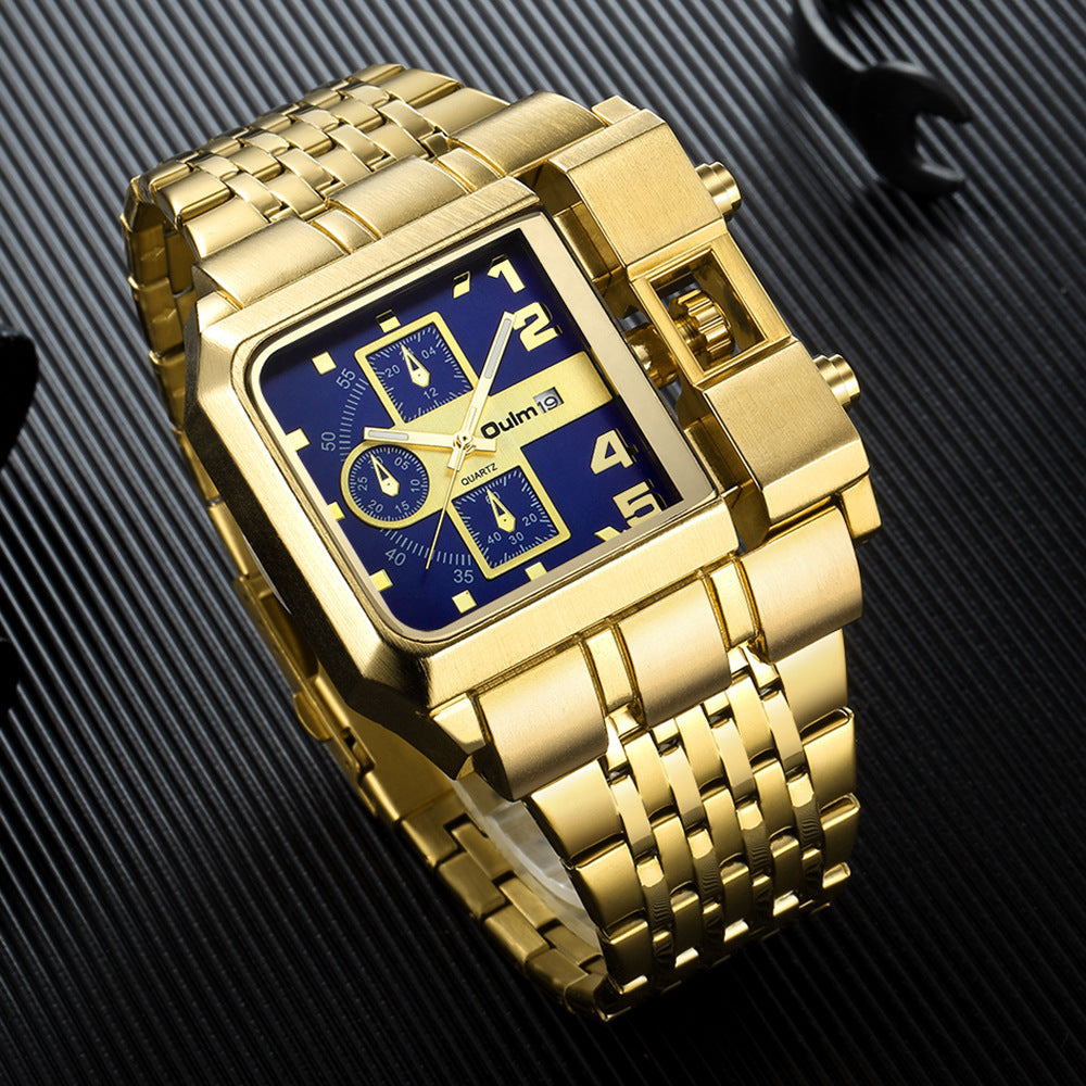 Steel-band Square Quartz Mens Watch With Calendar