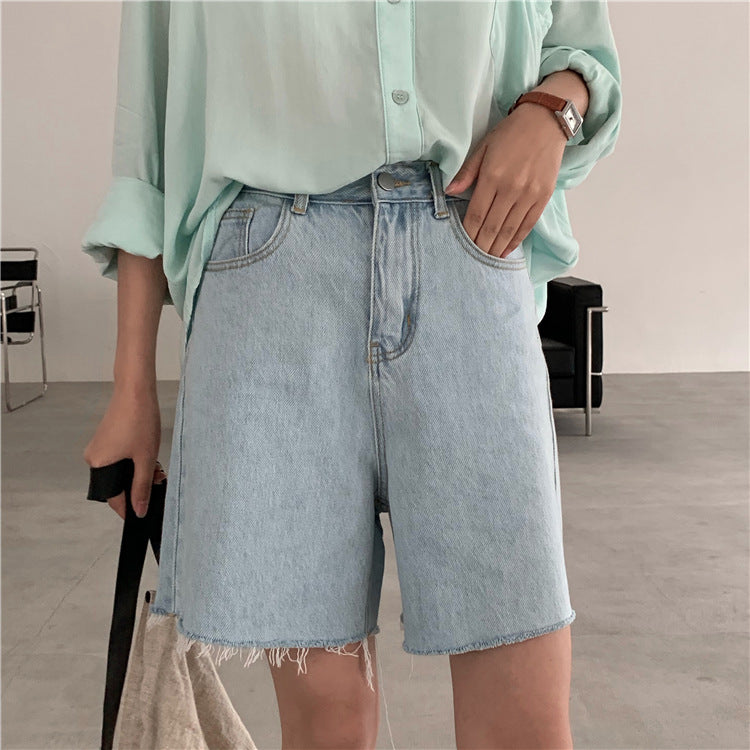 High-waisted Wide-leg Denim Shorts With Raw Edges