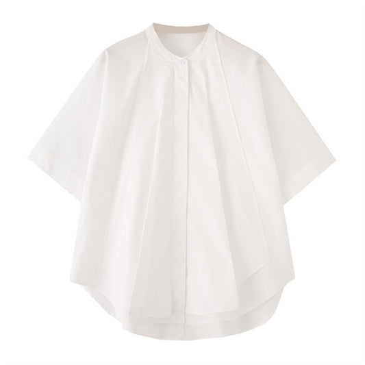Loose Design Cotton Short-sleeved Shirt With Curved Hem