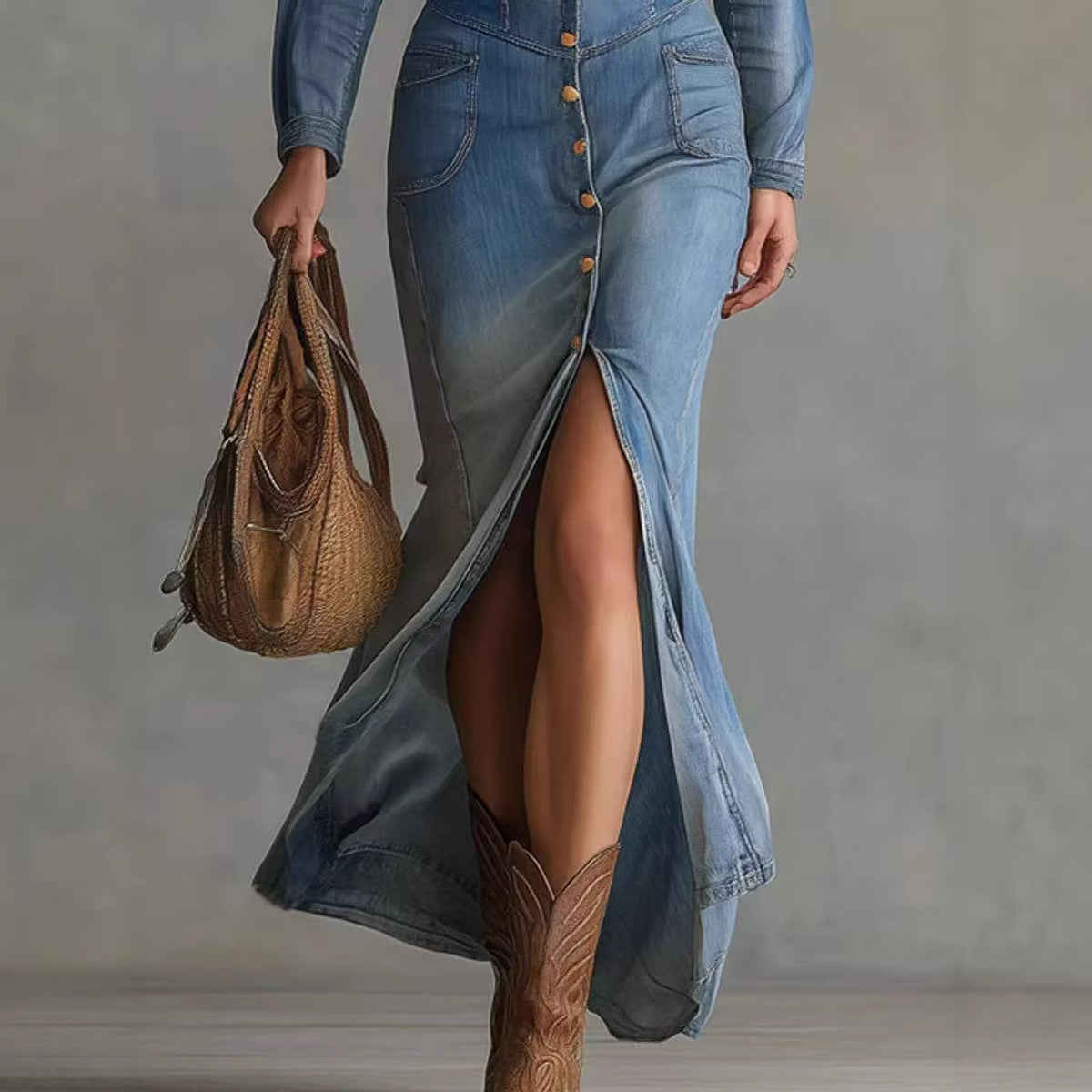 Elegant Chic And Gender-neutral Long-sleeve V-neck Solid-color Maxi Denim Dress