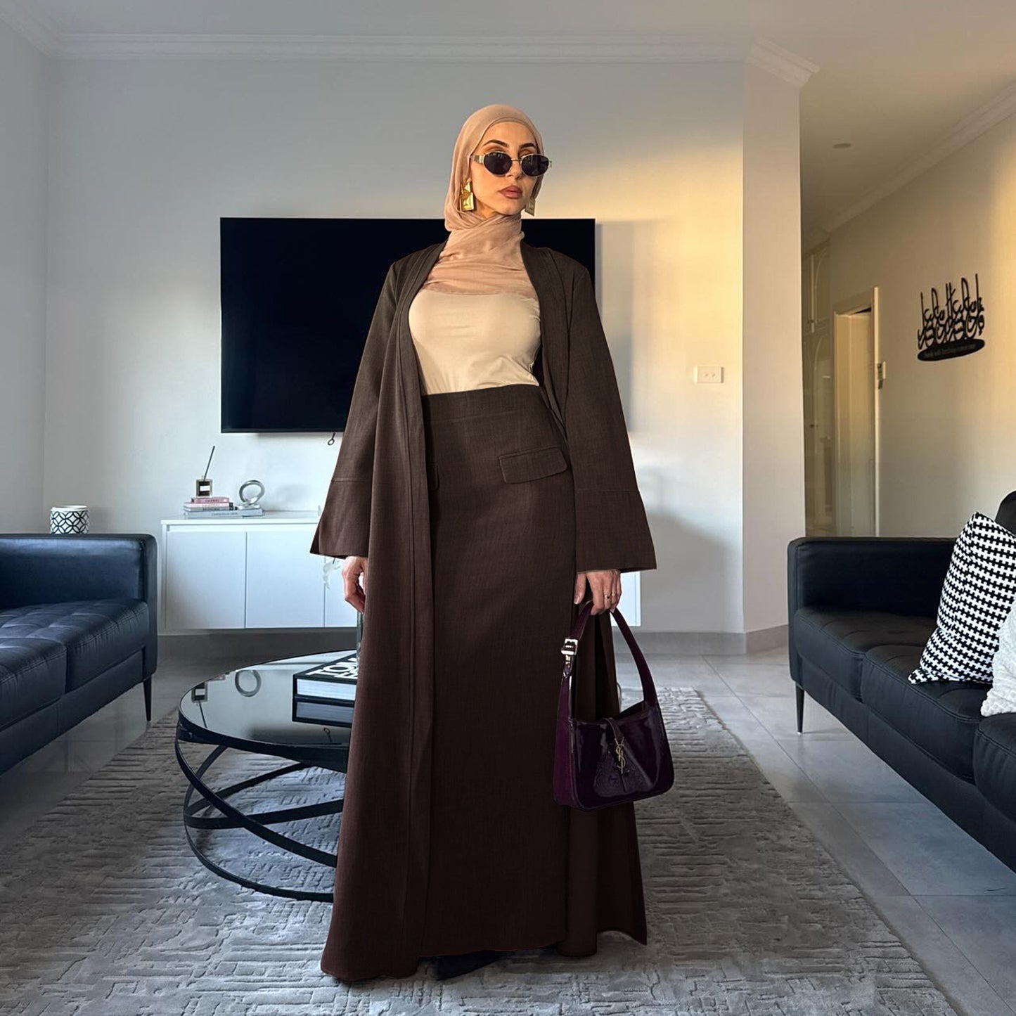 Dubai Fashion Solid Color Cardigan Skirt Two-Piece Set