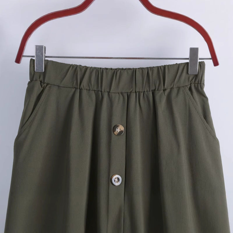 Japanese Style All-matching Button Elastic Waist Big Hem Skirt