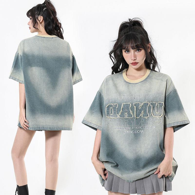 TKPA Original American Retro Street Letter Embroidery Denim Short Sleeve