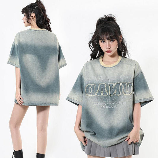 TKPA Original American Retro Street Letter Embroidery Denim Short Sleeve