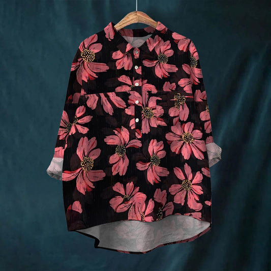 Cross-border Long-sleeved Bamboo Linen Printed Fashionable All-match Lapel Shirt