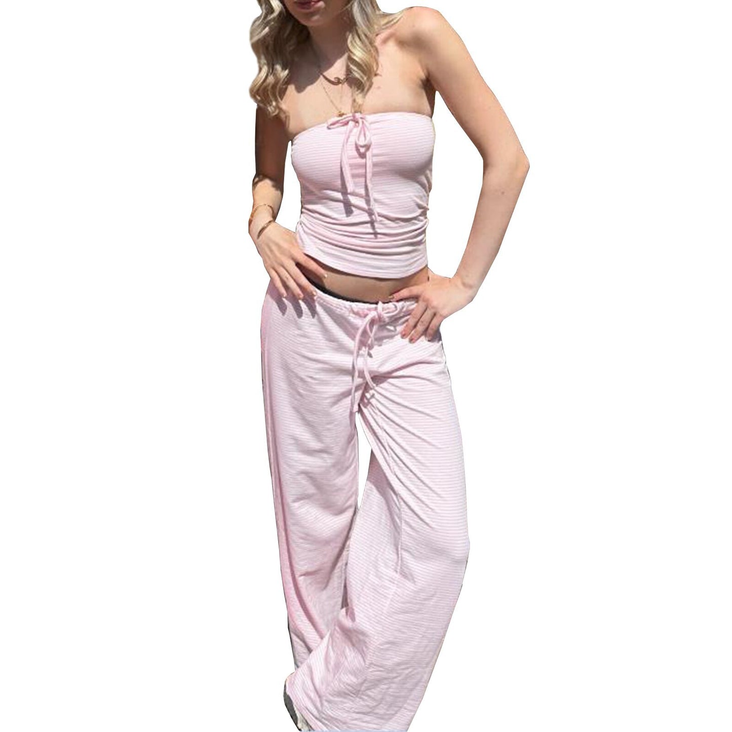 Printed Casual Striped Knitted Tube Top And Lace Up Pants Set