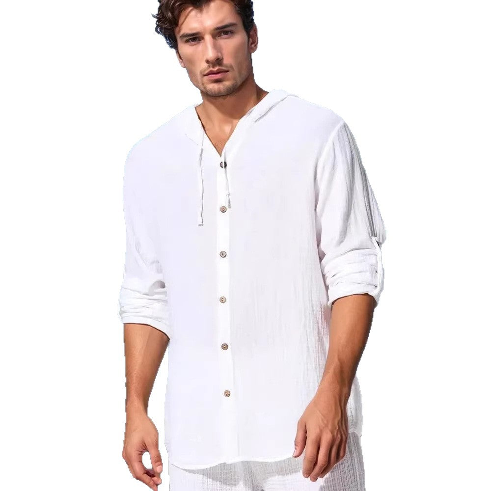 Men's Solid-Colored Long-Sleeve Cardigan Hoodie Cotton Shirt