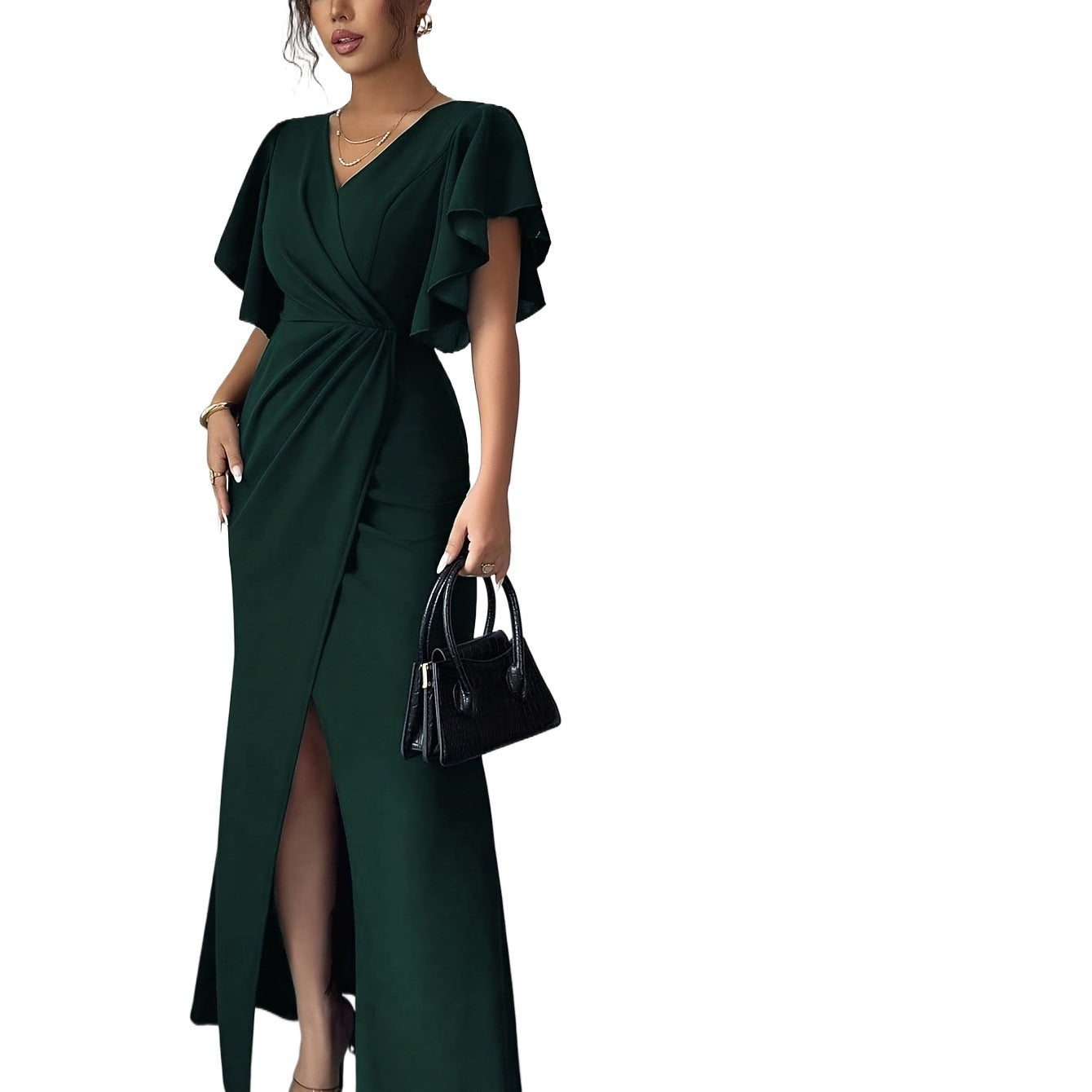 Lotus-Leaf Sleeve V-Neck Waist-Cinching Slim-Fit Long Dress