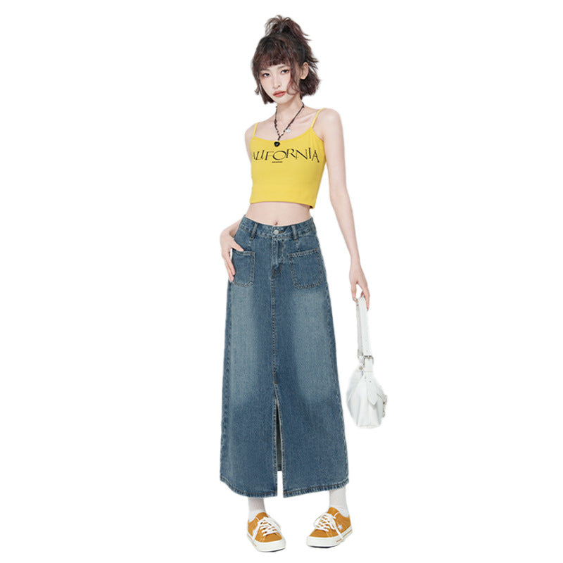 New High Waist Front Patch Pocket Denim Women's Bag Hip Skirt
