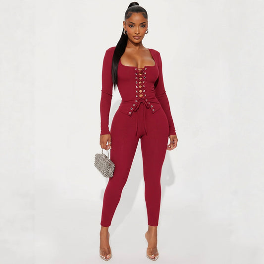 Women's Sexy Girl Chest Tie Long Sleeve Long Pants Solid Color Slim Two-piece Set