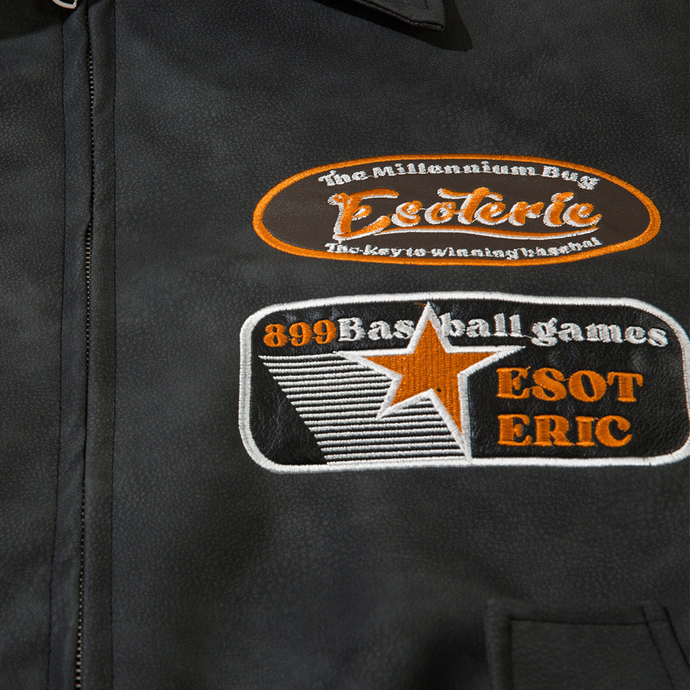 Embroidered Letters Pu Leather Coat Men