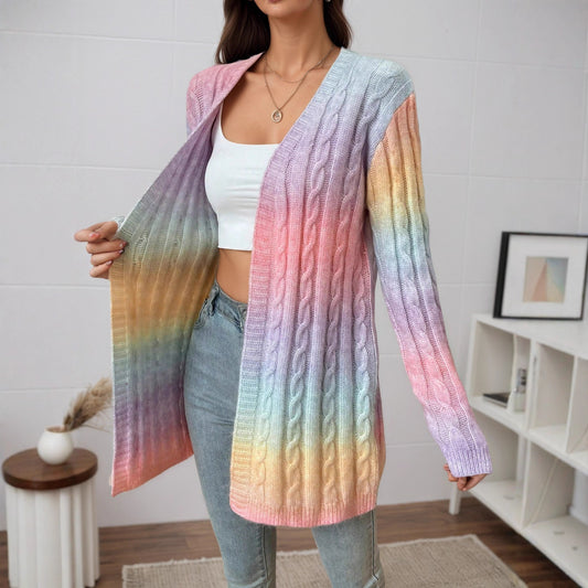 Gradient Color Twist Knitted Cardigan Coat For Women