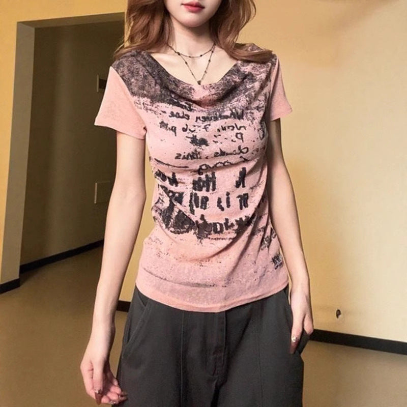 American-style Retro Off-shoulder Boat-neck Short-sleeve T-shirt