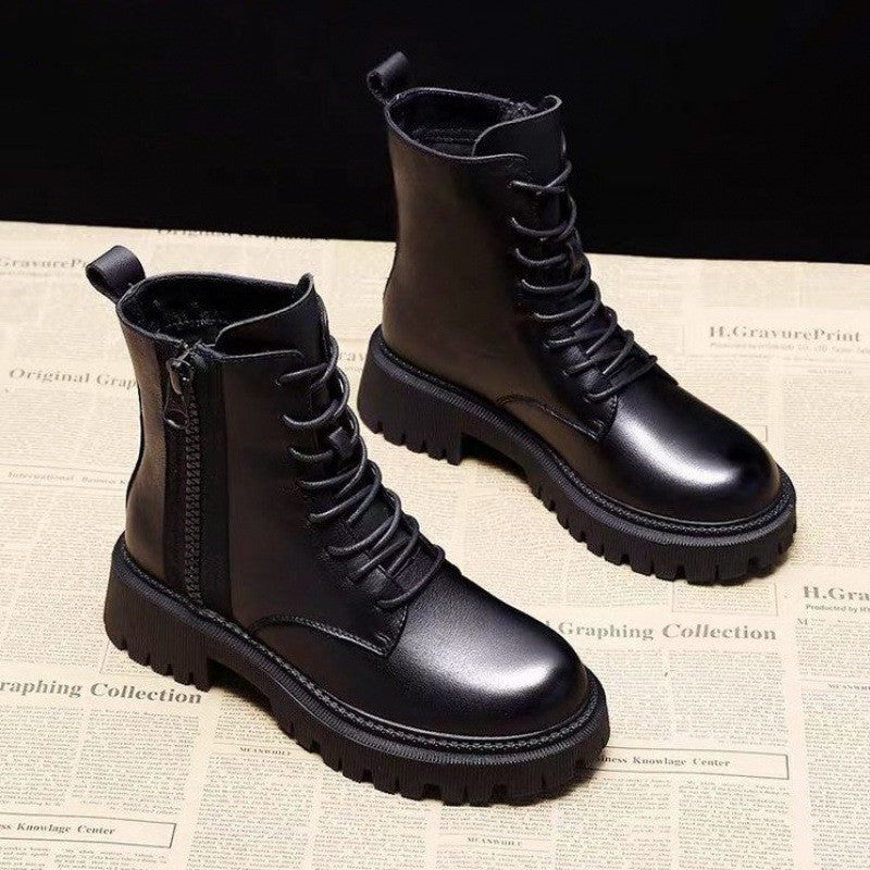 Soft Leather Spring And Autumn Bow Thick Heel Short Female Martin Boots