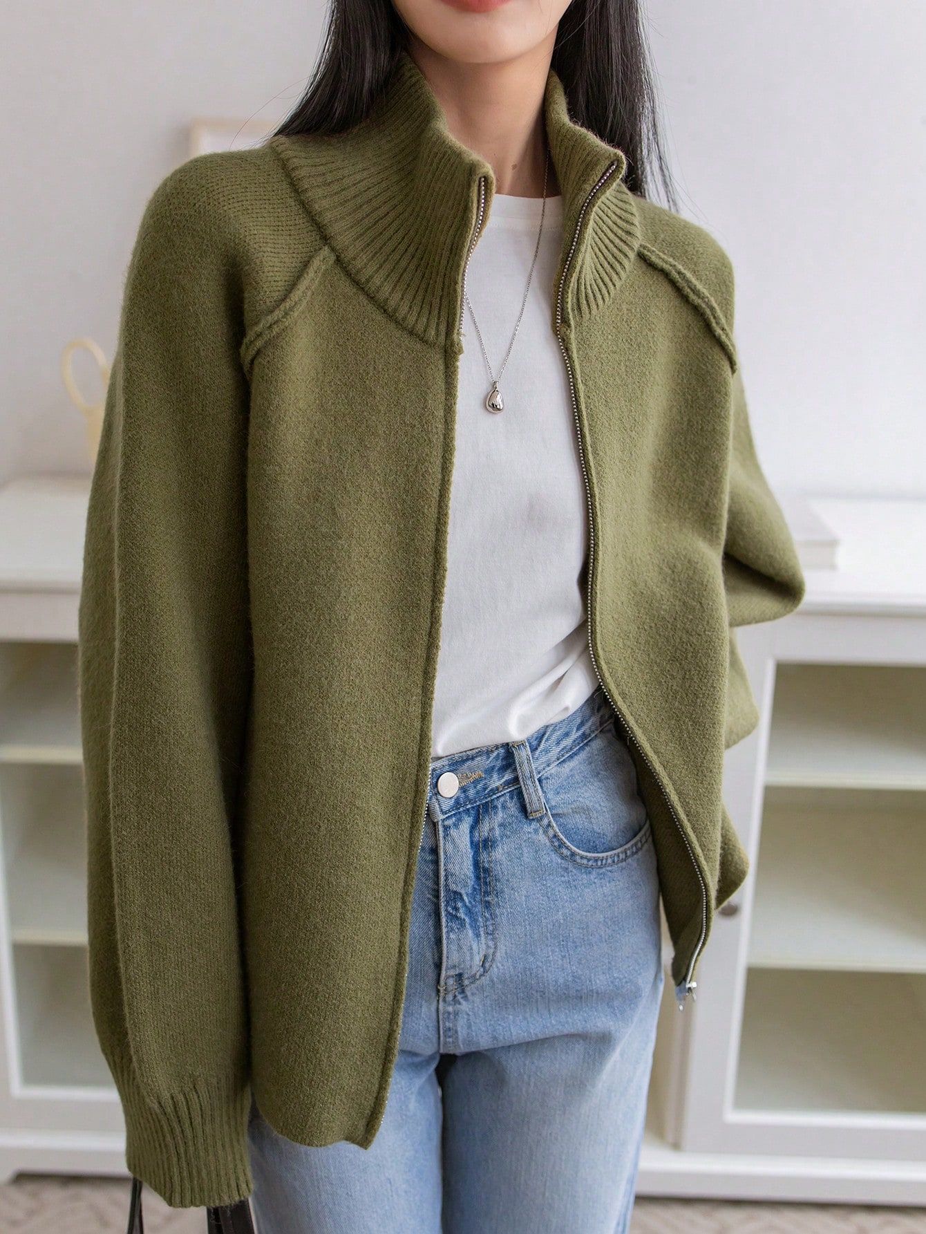 Solid Color Stand Collar Zipper Knitted Cardigan Top