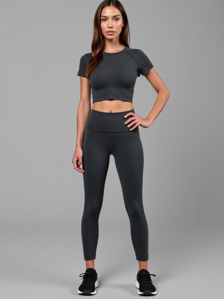 New Solid-color Athletic Yoga Short-sleeve Tight Two-piece Set